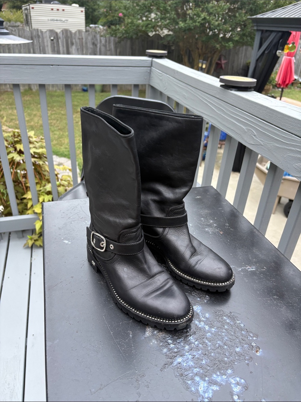Dior Black Leather Mid-Calf Combat Boots with Stud Trim